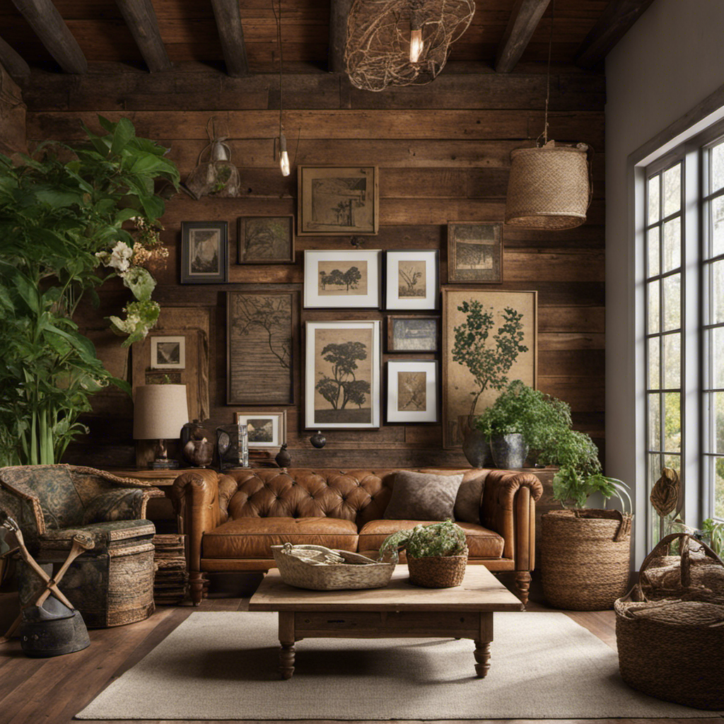 An image showcasing a cozy rustic living room adorned with a large reclaimed wood wall art piece, surrounded by vintage framed botanical prints, and complemented by woven baskets and antique farm tools
