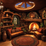 An image showcasing a cozy hobbit hole adorned with intricate elven tapestries, Dwarven crafted furniture, and elegant Gondorian vases