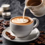 An image showcasing a frothy, velvety, non-dairy coffee creamer being poured into a steaming cup of coffee, with the creamer recipe ingredients artfully arranged in the background