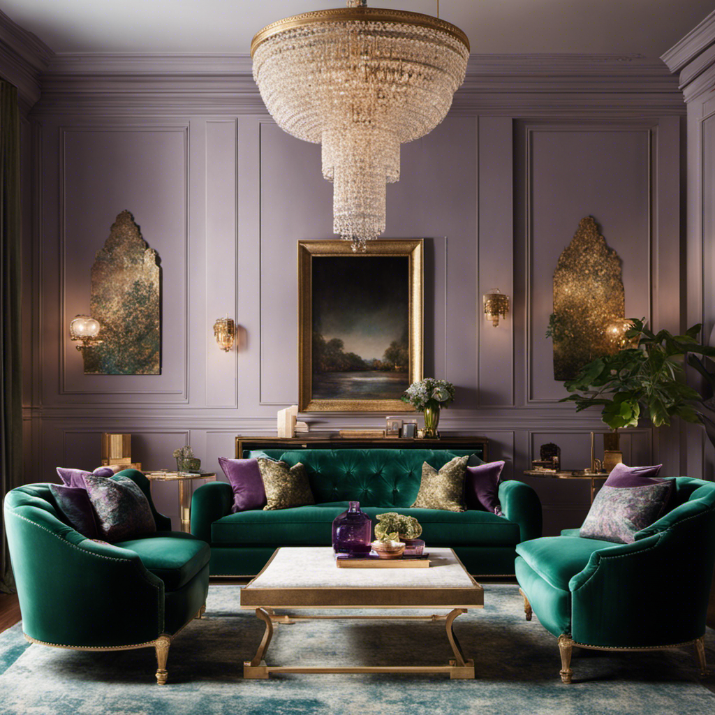 An image showcasing a cozy living room bathed in soft, muted jewel tones