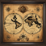 An image showcasing a vintage map framed by weathered wood, adorned with a compass rose
