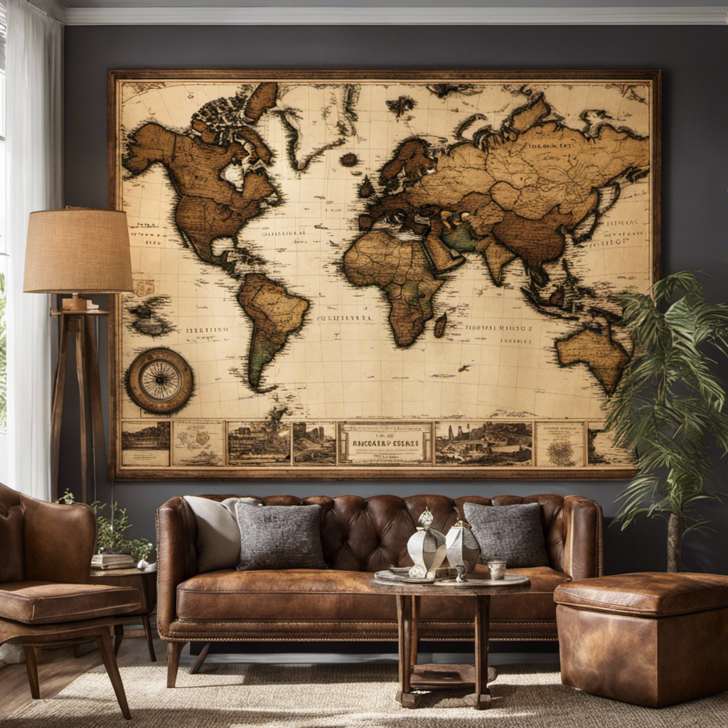 An image showcasing a rustic living room adorned with a captivating wall decor piece, portraying a wanderlust theme