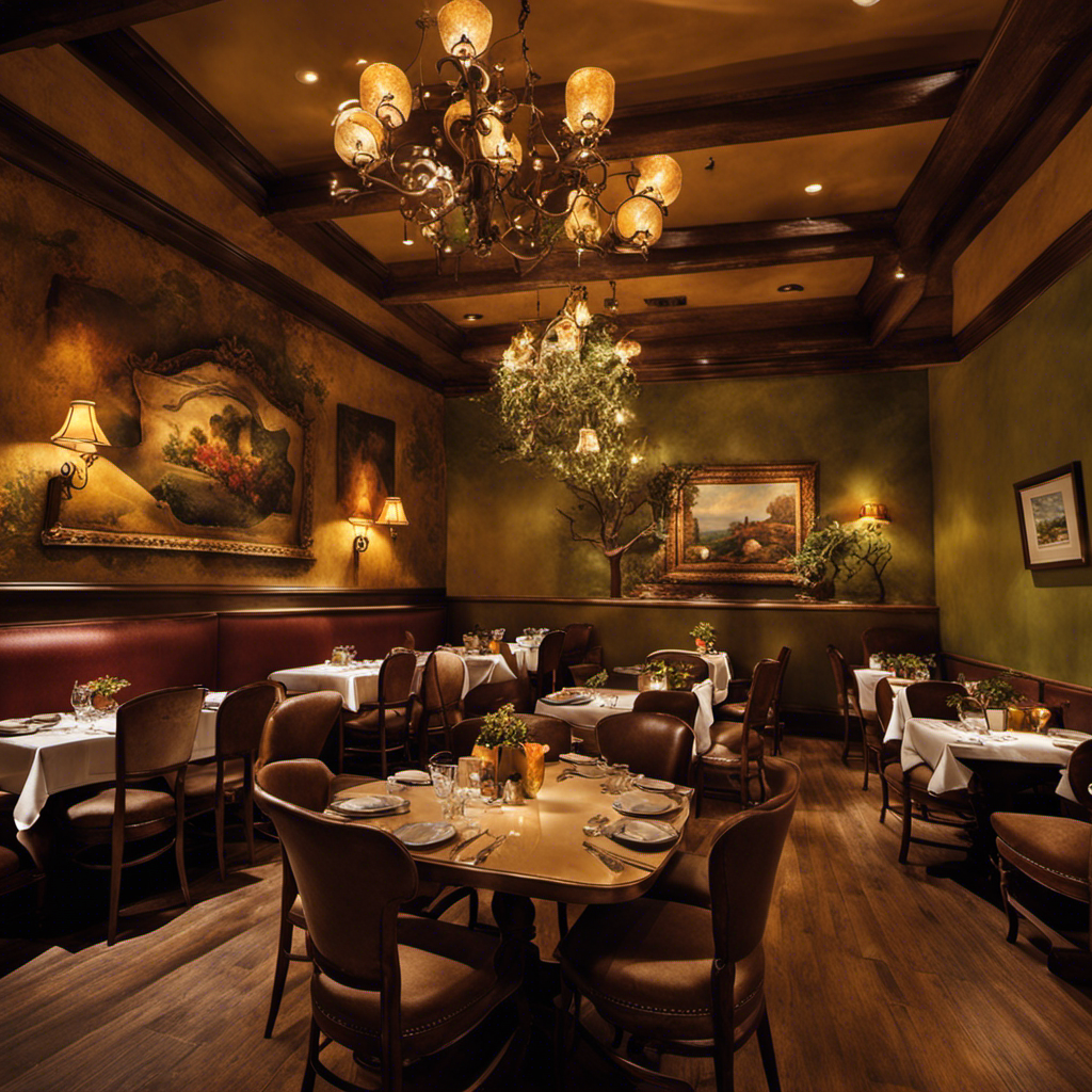 A striking image showcasing the Olive Garden decor, portraying mismatched chairs with worn-out upholstery, faded faux Tuscan murals, dimly lit chandeliers, and outdated artwork, reflecting the blog post's critique on the restaurant's outdated aesthetic