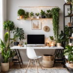 An image showcasing a cozy Pinterest-inspired office space with vibrant wall art, a sleek desk adorned with potted plants, a hanging macramé planter, and warm string lights illuminating the workspace in the absence of a window