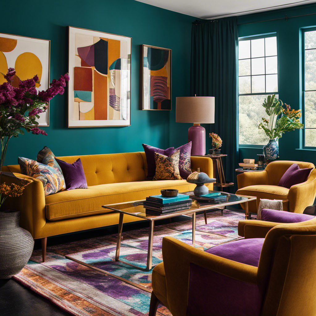 An image showcasing a modern living room with a vibrant color palette