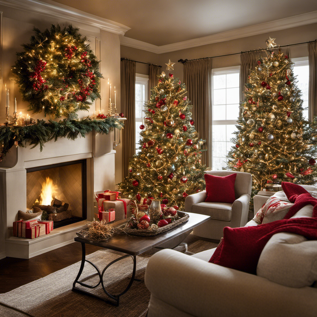 An image capturing a cozy living room adorned with shimmering ornaments and twinkling lights, harmoniously blending with the existing decor