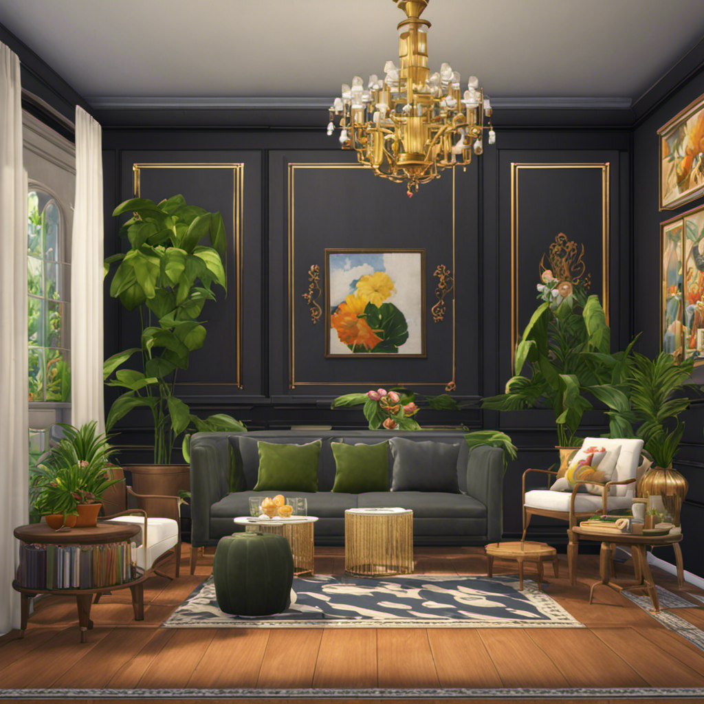 An image showcasing a Sims 4 interior with a stylishly decorated wall, adorned with custom content (CC) wall decor pieces