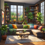 An image capturing a cozy Sims 4 living room, adorned with plush sofas, potted plants, colorful rugs, and artistic wall hangings