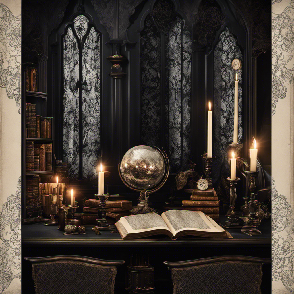 An image showcasing a dimly lit room adorned with eerie, black lace curtains, a vintage candelabra casting haunting shadows, a bookshelf filled with antique spellbooks, and a macabre crystal ball resting on a velvet tablecloth