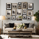 An image capturing a cozy living room wall adorned with a variety of Studio Decor frames meticulously arranged in a symmetrical pattern, showcasing different sizes and finishes, offering readers inspiration on how to elegantly hang their own frames