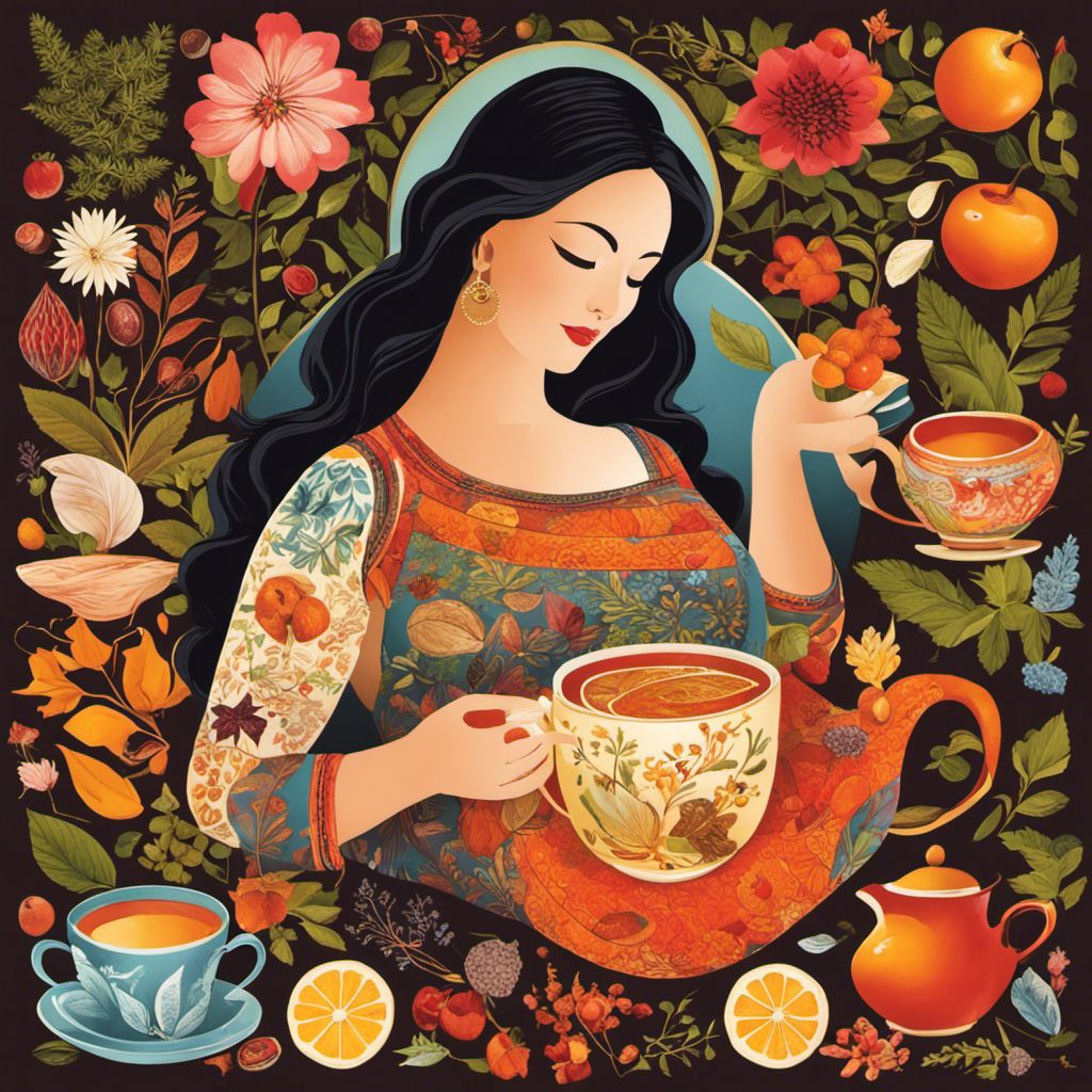 An image showcasing a serene pregnant woman, cradling a warm cup of herbal tea in her hands, surrounded by an array of colorful and aromatic tea leaves, fruits, and herbs, offering a delightful caffeine-free alternative to coffee