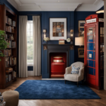 An image showcasing a tastefully decorated living room with a vintage British phone booth-inspired bookshelf, a framed TARDIS blueprint on the wall, and a subtle Dalek patterned rug
