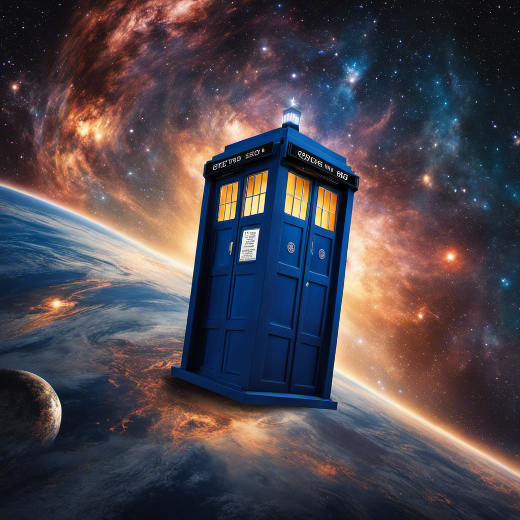 a captivating canvas print: a vibrant TARDIS from Doctor Who effortlessly soaring through a star-filled galaxy