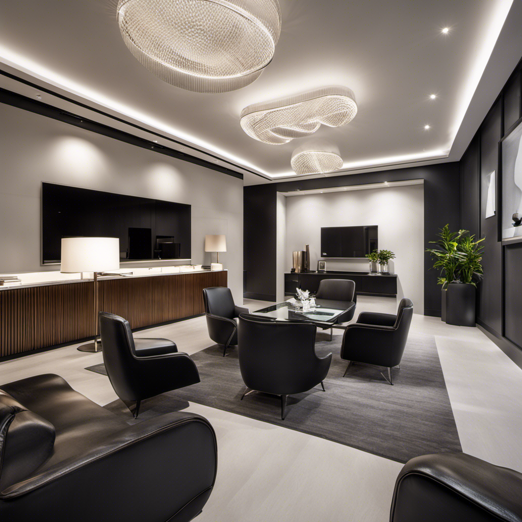 An image showcasing a sleek and modern law office interior design, featuring avant-garde decor elements like minimalist furniture, futuristic lighting fixtures, and artful accents that exude sophistication