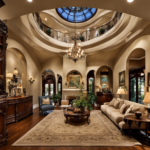 An image showcasing a grand vaulted ceiling adorned with intricate crown molding and complemented by elegant wall decor