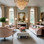 An image displaying an elegant, modern sitting area in the White House, adorned with plush velvet sofas, floor-to-ceiling drapes in soothing pastel tones, and exquisite artwork curated by the First Lady, perfectly blending sophistication and warmth
