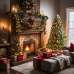 An image capturing a cozy living room adorned with twinkling string lights, a glistening Christmas tree with glittering ornaments, plush velvet stockings hanging above a crackling fireplace, and a rustic wooden sign that says "Home for the Holidays