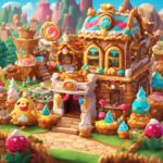 An image showcasing a vibrant Cookie Run Kingdom scene, with adorable animated cookies decorating their kingdoms in various styles