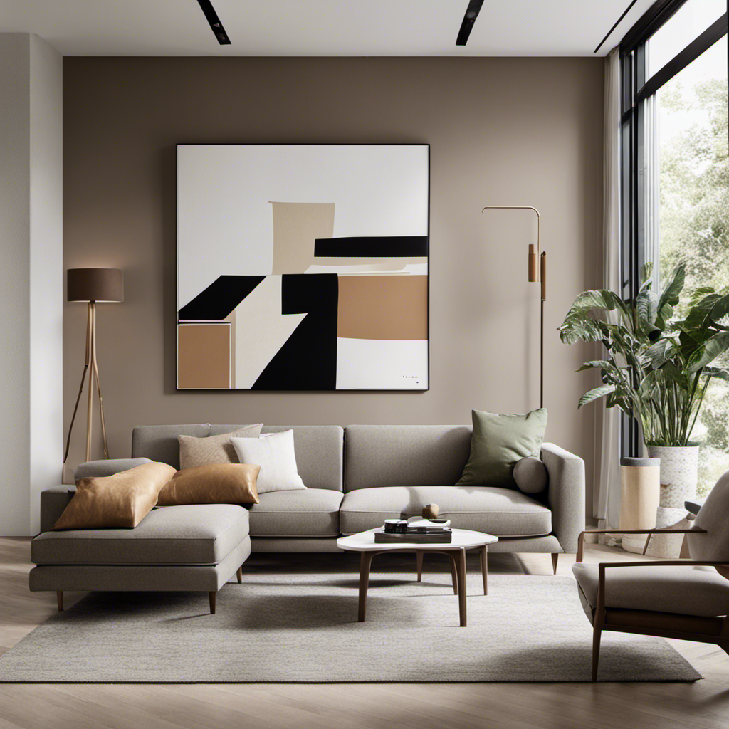 Create an image showcasing a minimalistic living room with clean lines, neutral colors, and a sleek sofa