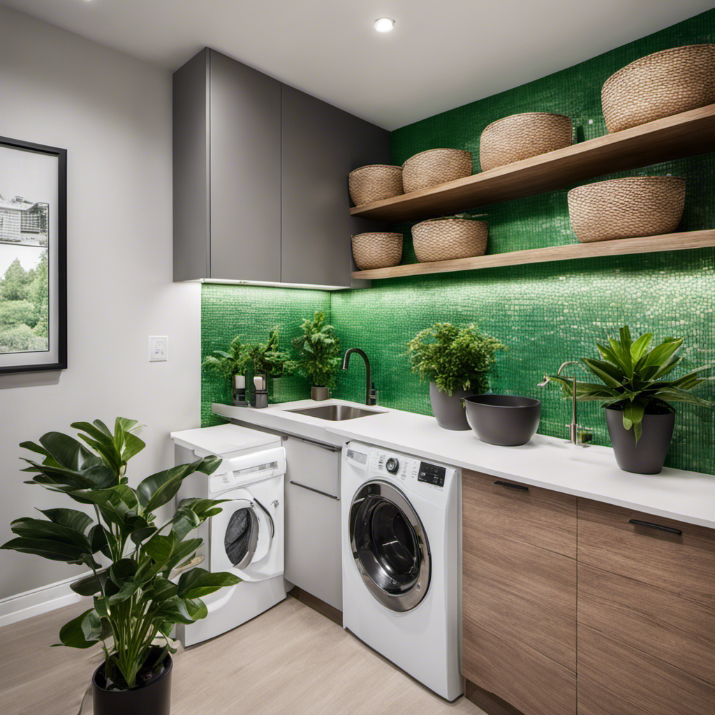 An image showcasing a sleek, modern utility laundry room with a stylish mosaic backsplash, floating shelves adorned with woven baskets, a stainless steel utility sink, and a vibrant green potted plant for a fresh touch