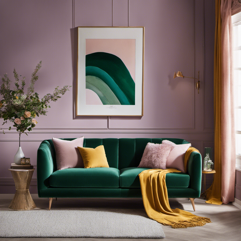 An image showcasing a living room filled with a serene blend of soft lavender walls, complemented by a plush emerald green sofa, a trio of mustard yellow throw pillows, and delicate blush curtains gently swaying in the breeze