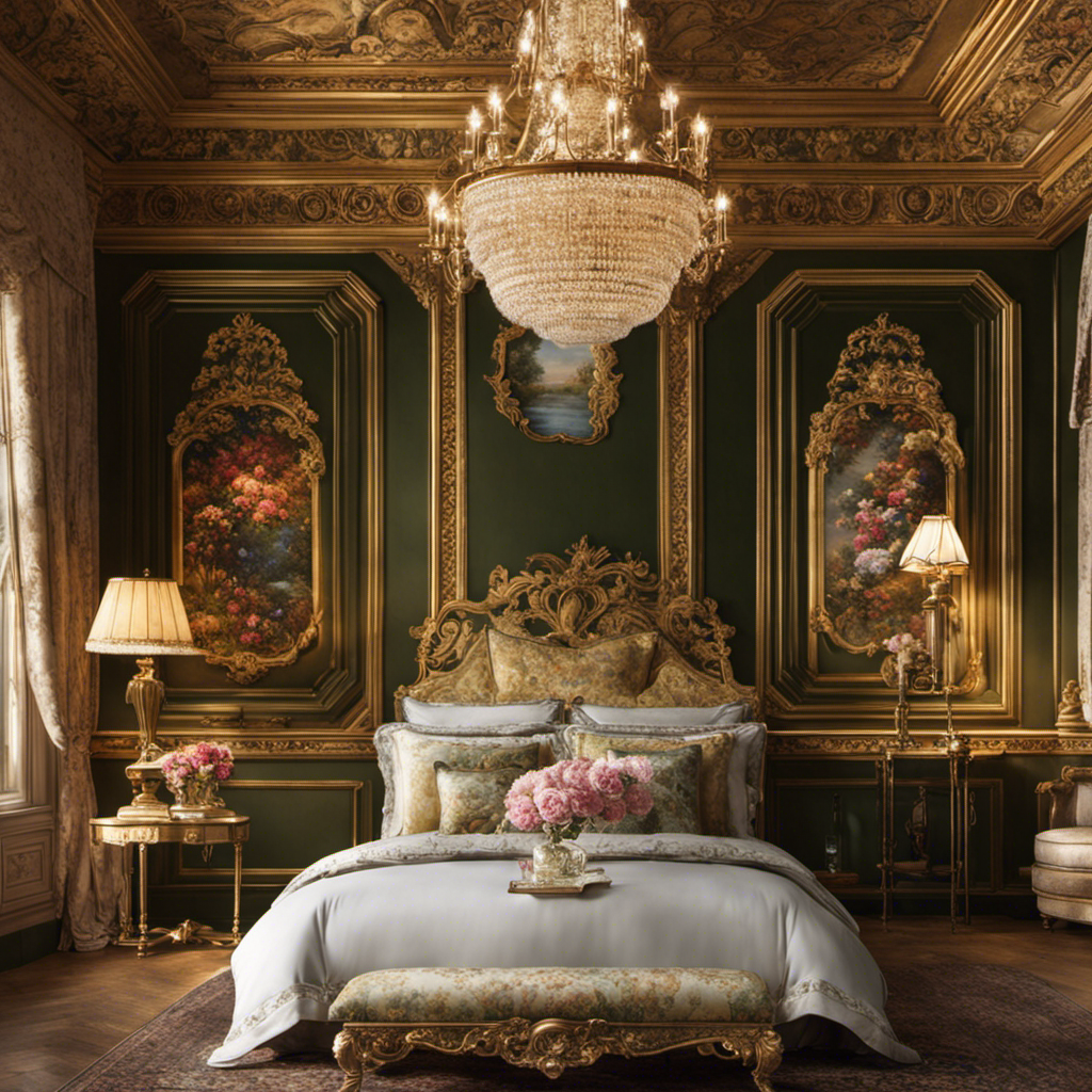 An image capturing the essence of Victorian wall decor, showcasing ornate gold-framed oil paintings depicting lush landscapes, intricate floral wallpaper adorned with delicate patterns, and a grand chandelier casting a warm glow on the opulent room
