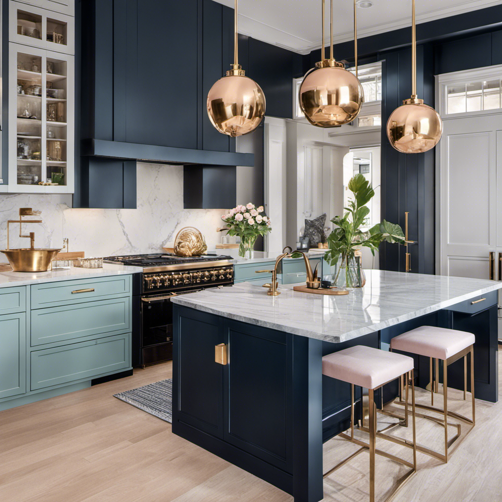 An image showcasing a modern kitchen with a sleek white marble countertop, complemented by trendy navy blue cabinets