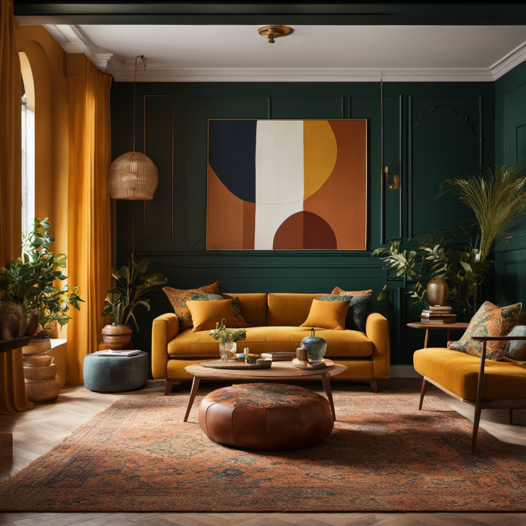 An image showcasing a cozy living room with an inviting blend of warm terracotta and earthy green hues