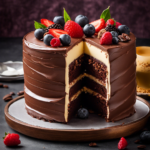 An image showcasing a slice of moist, decadent cake adorned with a luscious layer of creamy frosting