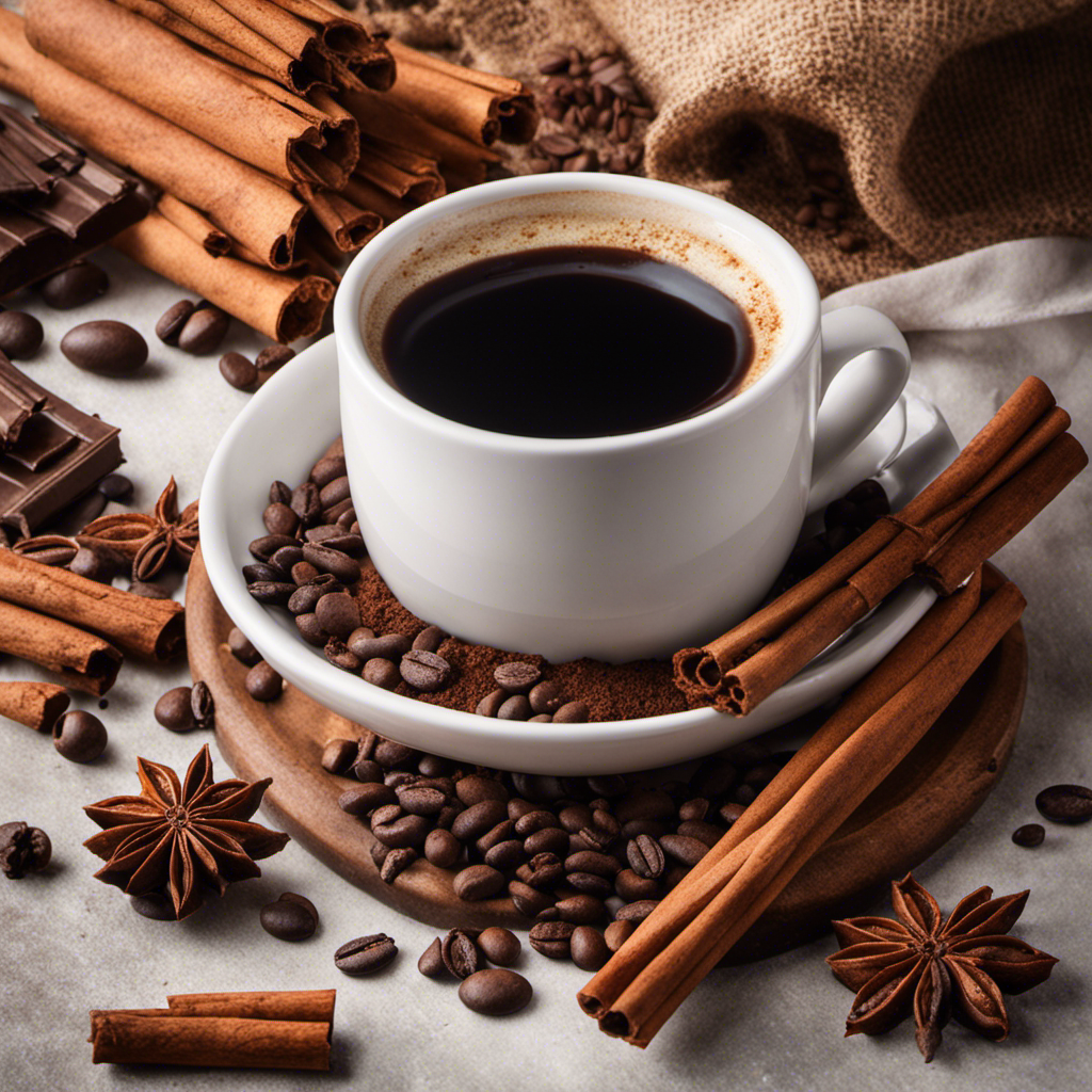 An image featuring a steaming cup of freshly brewed coffee, set against a backdrop of various alternative ingredients like cocoa powder, cinnamon sticks, and vanilla beans