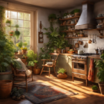 An image showcasing a cozy morning scene: a sunlit kitchen with a steaming mug of herbal tea, surrounded by vibrant plants, a warm blanket draped over a chair, and a serene person enjoying the moment