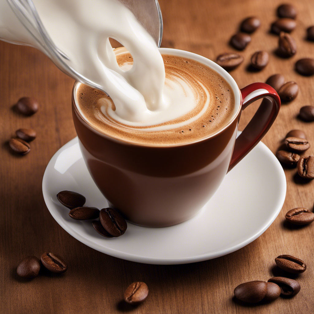 An image showcasing a steaming cup of coffee with a swirl of rich, velvety non-dairy milk, like almond milk or oat milk, elegantly pouring into it, perfectly capturing the alternative to heavy cream