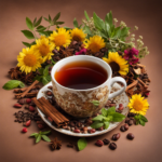 An image showcasing a steaming cup of herbal tea, surrounded by an assortment of vibrant ingredients such as cacao beans, cinnamon sticks, and roasted dandelion roots, symbolizing enticing alternatives to coffee