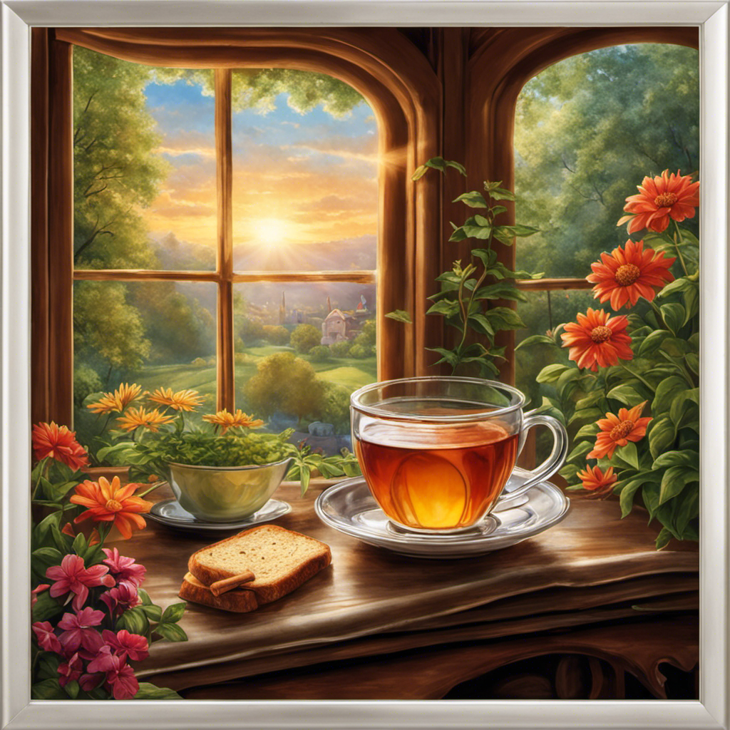 An image showcasing a cozy morning scene with a steaming cup of herbal tea, a fragrant slice of cinnamon-spiced toast, and a sunlit window revealing a lush green garden, highlighting delightful alternatives to coffee