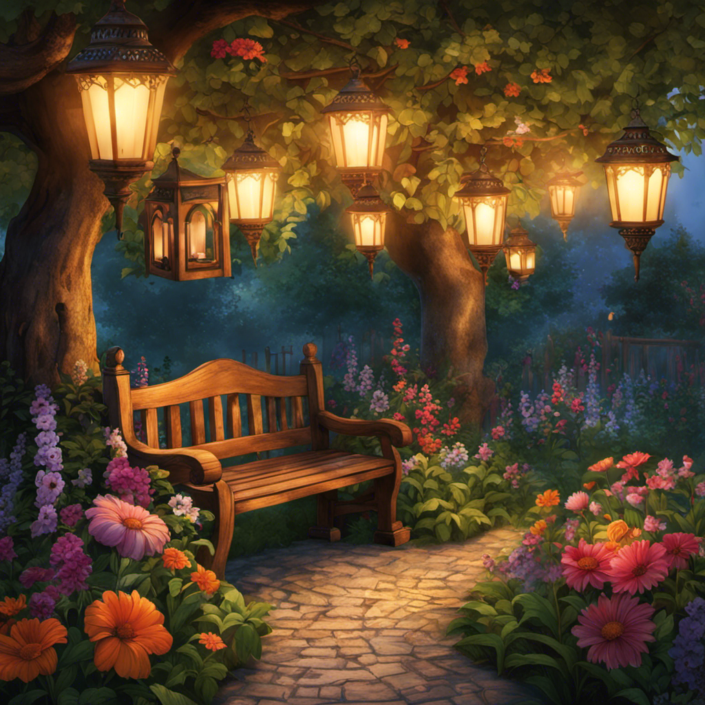 An image showcasing a lush garden, adorned with hanging lanterns casting a warm glow