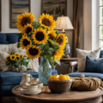 An image showcasing a cozy living room adorned with blue denim decor
