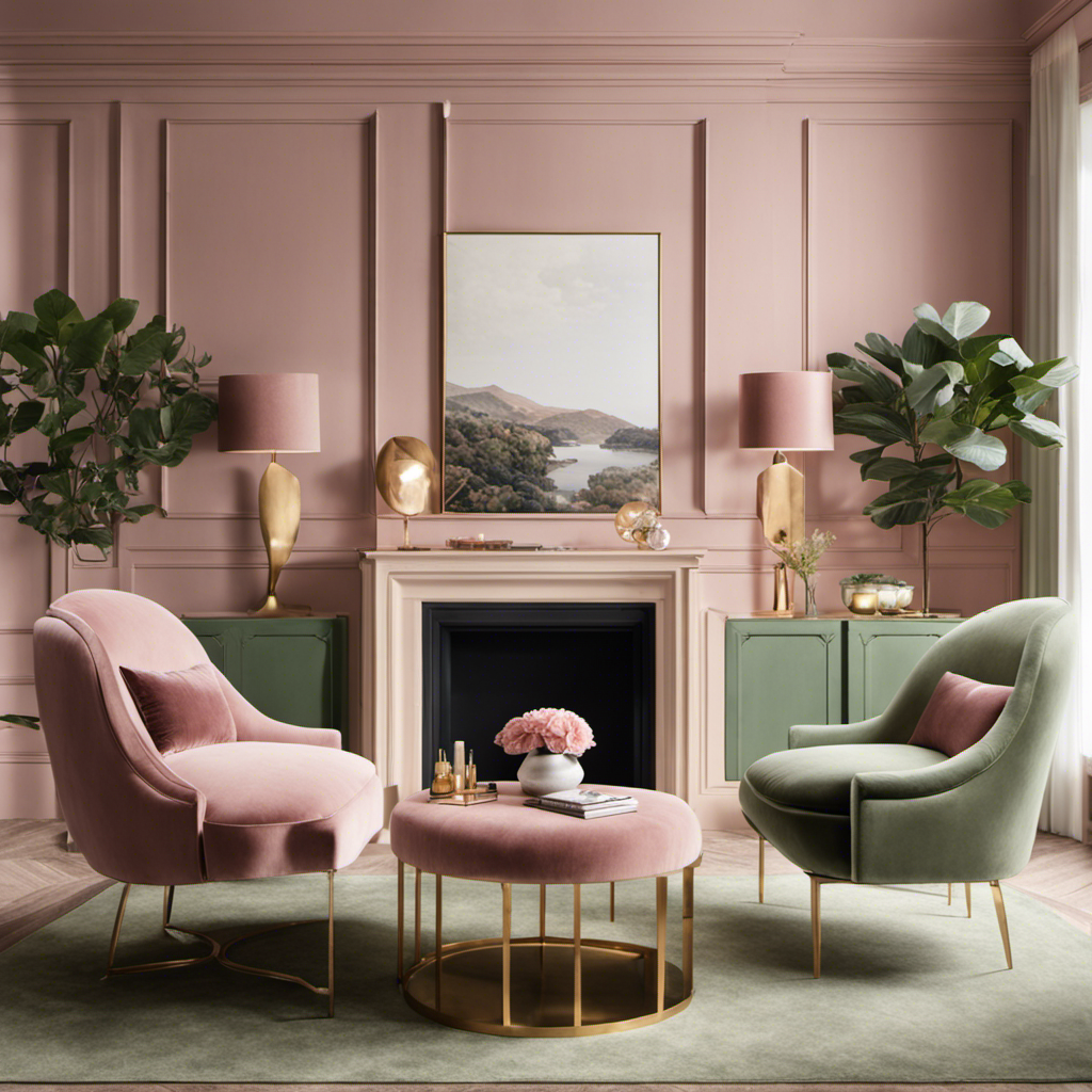An image showcasing a modern living room bathed in a soothing palette of dusty rose, sage green, and soft cream