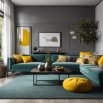 An image showcasing a cozy living room with grey wood flooring