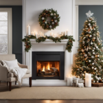 An image showcasing a cozy living room adorned with a winter-themed wreath on the door, a mantelpiece adorned with pinecones and fairy lights, and a dining table set with crisp white linens and delicate snowflake napkin holders