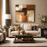 An image showcasing a cozy living room with tan walls adorned with a large, abstract painting in warm earth tones