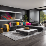 An image showcasing a modern living room with sleek gray laminate floors