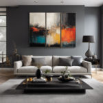 An image showcasing a spacious living room with elegant gray walls, adorned with a modern charcoal-colored sofa, complemented by plush cream-colored throw pillows and a sleek silver coffee table, accentuated with a vibrant abstract painting above
