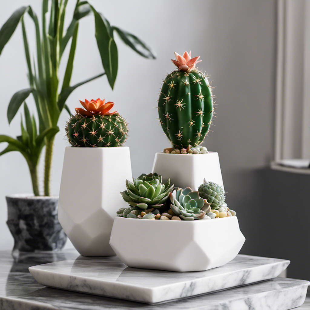An image showcasing a sleek, minimalist ceramic cactus figurine, elegantly positioned on a polished marble table surrounded by vibrant succulents and geometric planters, symbolizing the trendy replacement for the classic pineapple decor