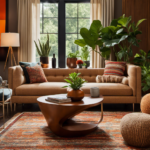An image showcasing a living room bathed in warm, earthy tones