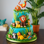 An image showcasing a vibrant, three-tiered birthday cake adorned with a whimsical jungle theme