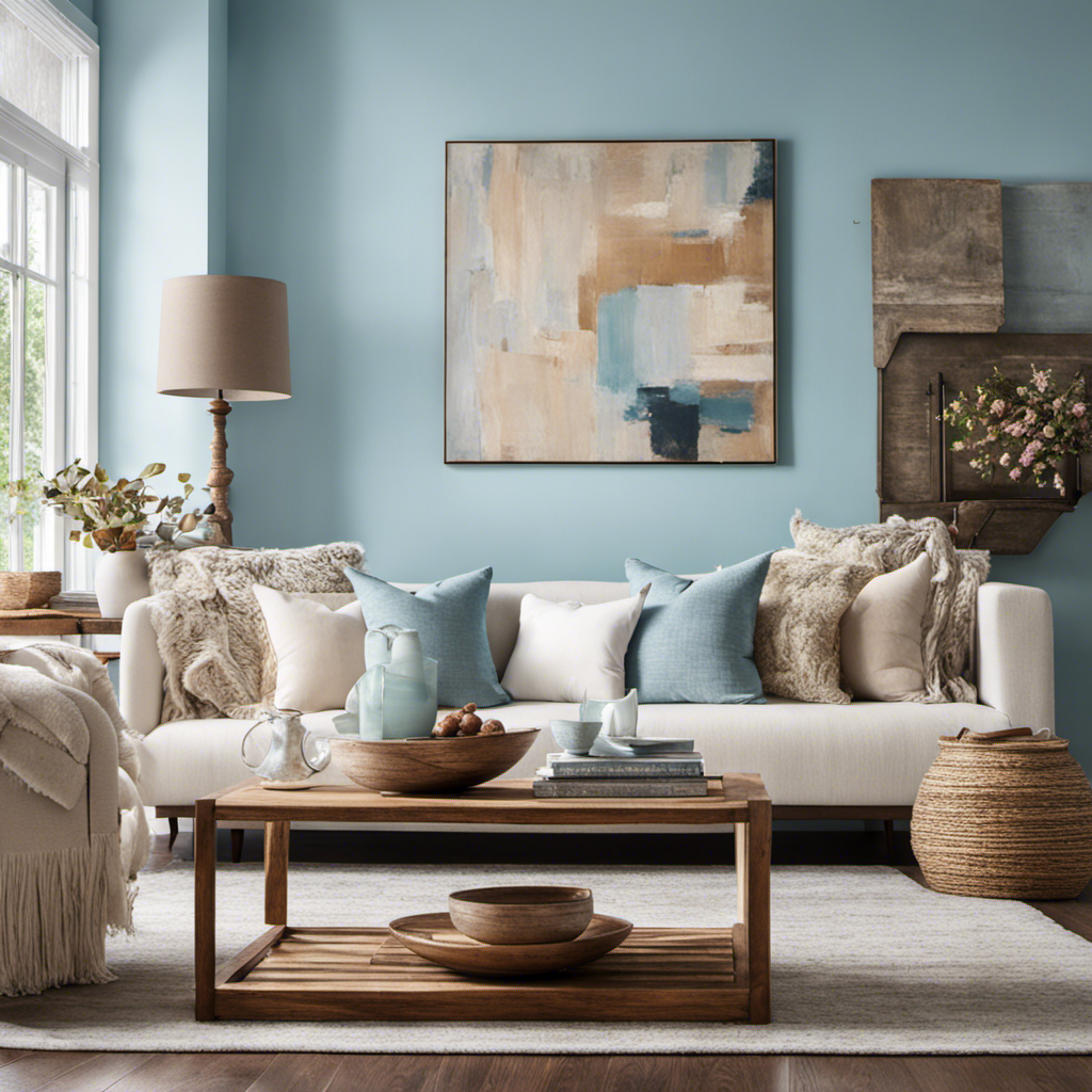 An image showcasing a cozy living room with baby blue walls, adorned with a plush white sofa, complemented by delicate pastel throw pillows, a rustic wooden coffee table, and a vibrant abstract painting as a focal point