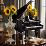  the elegance of a grand piano with a mesmerizing image showcasing a delicate crystal vase filled with vibrant sunflowers, a vintage metronome ticking away, and a classical sheet music stand holding a beautifully handwritten musical score