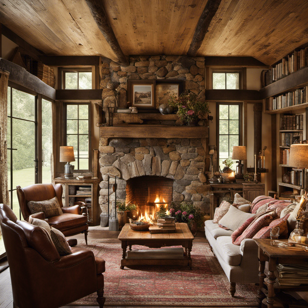 An image that captures the essence of country decor: a cozy, rustic living room adorned with vintage furniture, plaid-patterned cushions, a crackling fireplace, and shelves filled with mason jars, dried flowers, and antique books