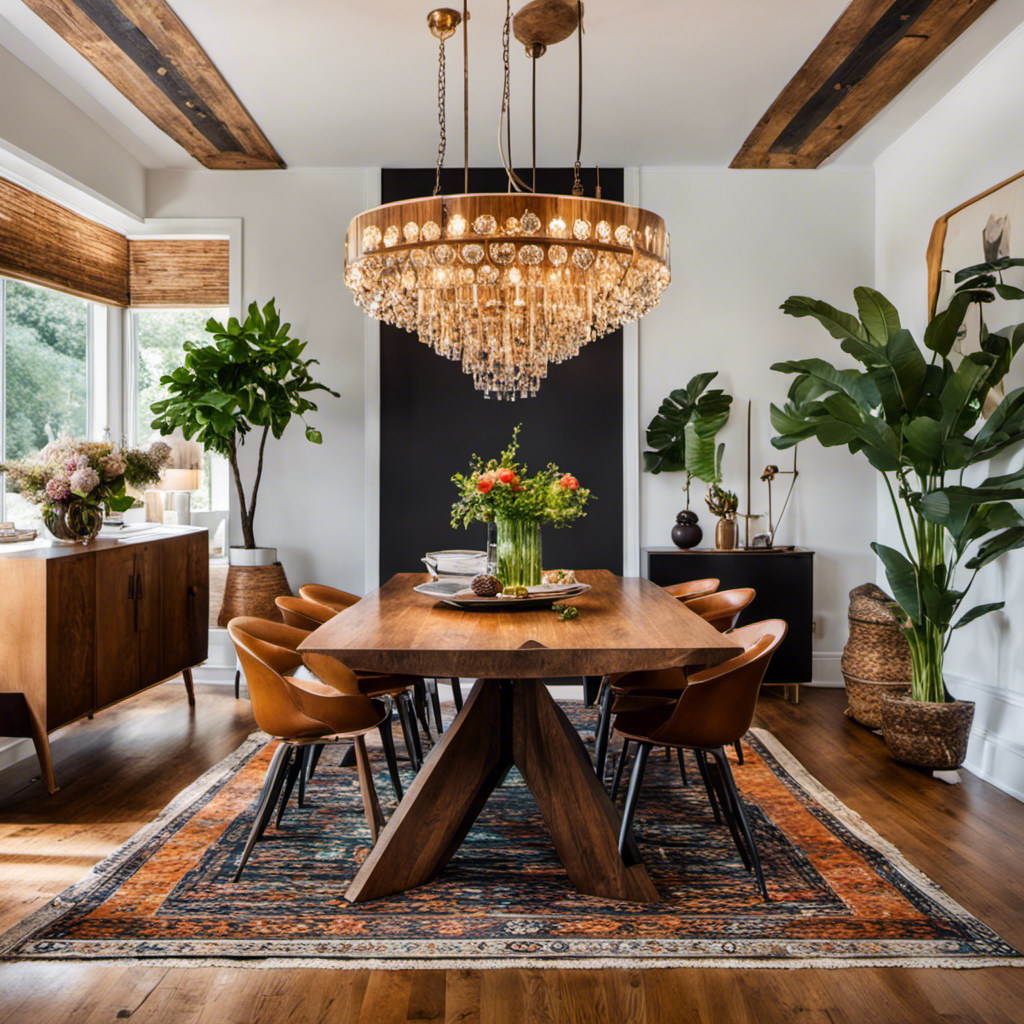 An image showcasing an eclectic blend of mid-century modern and rustic elements, with a statement chandelier hanging above a reclaimed wood dining table