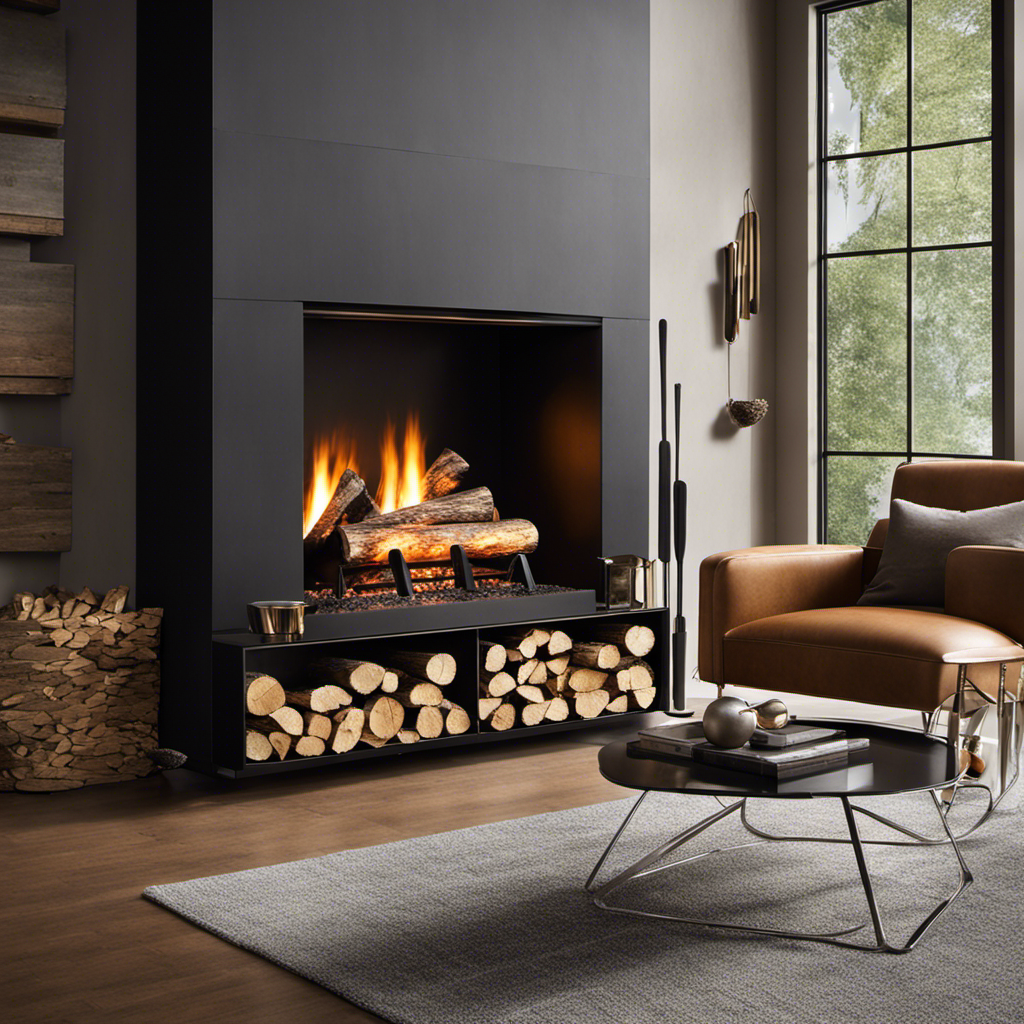 An image showcasing a cozy living room with a crackling fireplace, adorned with a sleek metallic firewood holder filled with neatly stacked logs, complemented by a set of rustic fireplace tools hanging on the wall